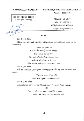 Đề thi HSG cấp huyện Lớp 7 môn Ngữ văn - Năm học 2018-2019 - Phòng GD&ĐT Nậm Nhùn (Có đáp án)