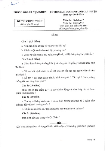 Đề thi HSG cấp huyện Lớp 7 môn Sinh học - Năm học 2018-2019 - Phòng GD&ĐT Nậm Nhùn (Có đáp án)