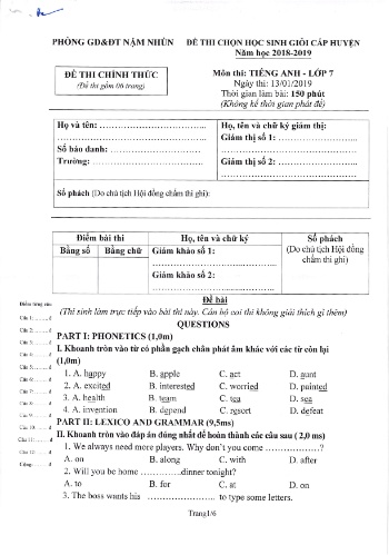 Đề thi HSG cấp huyện Lớp 7 môn Tiếng Anh - Năm học 2018-2019 - Phòng GD&ĐT Nậm Nhùn (Có đáp án)