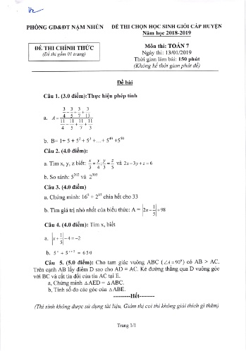 Đề thi HSG cấp huyện Lớp 7 môn Toán học - Năm học 2018-2019 - Phòng GD&ĐT Nậm Nhùn (Có đáp án)