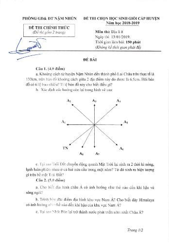 Đề thi HSG cấp huyện Lớp 8 môn Địa lý - Năm học 2018-2019 - Phòng GD&ĐT Nậm Nhùn (Có đáp án)