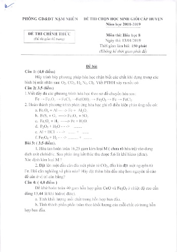 Đề thi HSG cấp huyện Lớp 8 môn Hóa học - Năm học 2018-2019 - Phòng GD&ĐT Nậm Nhùn (Có đáp án)