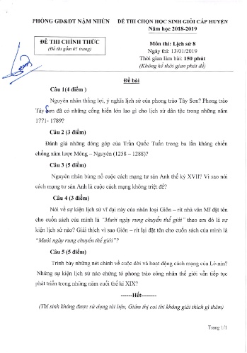 Đề thi HSG cấp huyện Lớp 8 môn Lịch sử - Năm học 2018-2019 - Phòng GD&ĐT Nậm Nhùn (Có đáp án)
