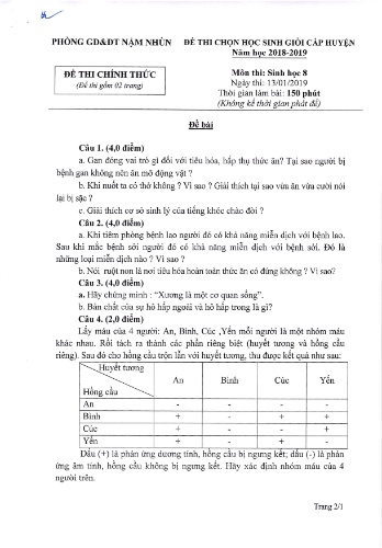 Đề thi HSG cấp huyện Lớp 8 môn Sinh học - Năm học 2018-2019 - Phòng GD&ĐT Nậm Nhùn (Có đáp án)
