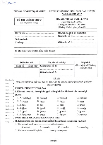 Đề thi HSG cấp huyện Lớp 8 môn Tiếng Anh - Năm học 2018-2019 - Phòng GD&ĐT Nậm Nhùn (Có đáp án)