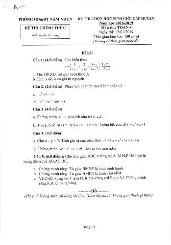 Đề thi HSG cấp huyện Lớp 8 môn Toán học - Năm học 2018-2019 - Phòng GD&ĐT Nậm Nhùn (Có đáp án)