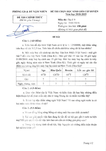 Đề thi HSG cấp huyện Lớp 9 môn Địa lý - Năm học 2018-2019 - Phòng GD&ĐT Nậm Nhùn (Có đáp án)