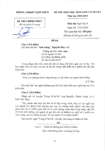 Đề thi HSG cấp huyện Lớp 9 môn Ngữ văn - Năm học 2018-2019 - Phòng GD&ĐT Nậm Nhùn (Có đáp án)