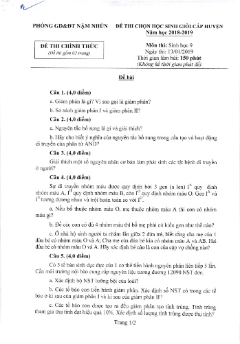 Đề thi HSG cấp huyện Lớp 9 môn Sinh học - Năm học 2018-2019 - Phòng GD&ĐT Nậm Nhùn (Có đáp án)