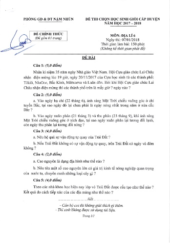 Đề thi HSG cấp huyện môn Địa lý Lớp 6, 7, 8, 9 - Năm học 2017-2018 - Phòng GD&ĐT huyện Nậm Nhùn (Có đáp án)