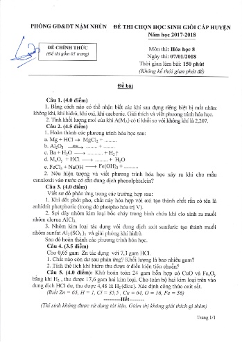 Đề thi HSG cấp huyện môn Hóa học Lớp 8, 9 - Năm học 2017-2018 - Phòng GD&ĐT huyện Nậm Nhùn (Có đáp án)