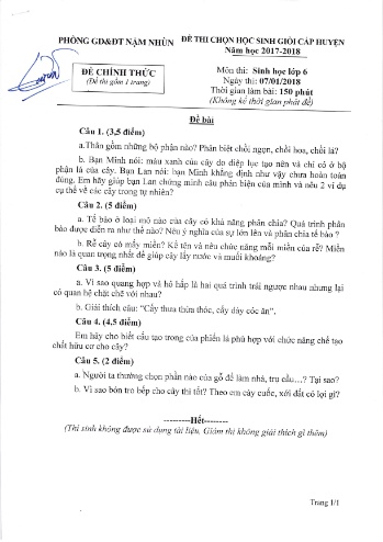 Đề thi HSG cấp huyện môn Sinh học Lớp 6, 7, 8, 9 - Năm học 2017-2018 - Phòng GD&ĐT huyện Nậm Nhùn (Có đáp án)
