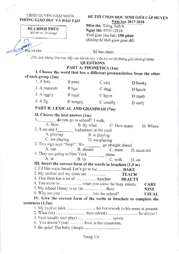 Đề thi HSG cấp huyện môn Tiếng Anh Lớp 6, 7, 8, 9 - Năm học 2017-2018 - Phòng GD&ĐT huyện Nậm Nhùn (Có đáp án)
