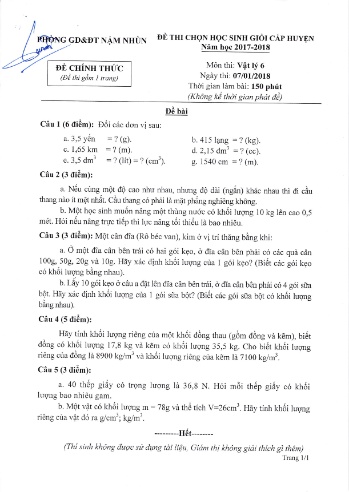 Đề thi HSG cấp huyện môn Vật lý Lớp 6, 7, 8, 9 - Năm học 2017-2018 - Phòng GD&ĐT huyện Nậm Nhùn (Có đáp án)