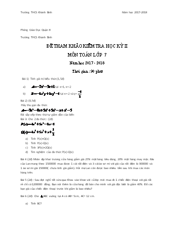 Đề thi tham khảo học kỳ 2 Lớp 7 môn Toán học - Năm học 2017-2018 - Trường THCS Khánh Bình (Có đáp án)