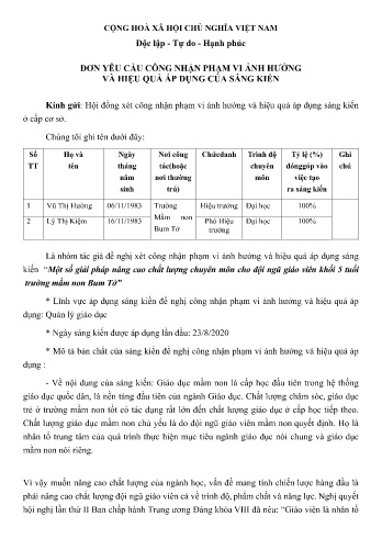Đơn công nhận sáng kiến: Một số giải pháp nâng cao chất lượng chuyên môn cho đội ngũ giáo viên khối 5 tuổi Trường mầm non Bum Tở - Vũ Thị Hường