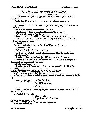 Giáo án môn Mỹ thuật Lớp 8 - Bài 8: Vẽ tĩnh vật (lọ và quả) - Năm học 2021-2022 - Nguyễn Thị Hòa
