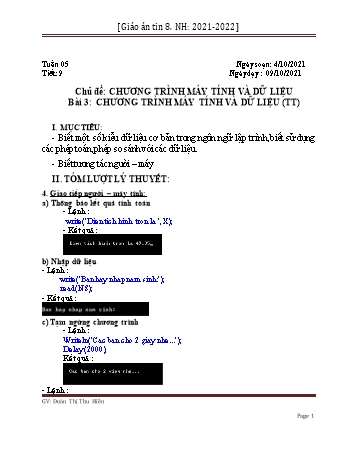 Giáo án môn Tin học Lớp 8 - Bài 3: Chương trình máy tính và dữ liệu (Tiết 9+10) - Năm học 2021-2022 - Đoàn Thị Thu Hiền