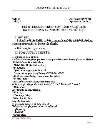 Giáo án môn Tin học Lớp 8 - Bài 3: Chương trình máy tính và dữ liệu (Tiết 7+8) - Năm học 2021-2022 - Đoàn Thị Thu Hiền