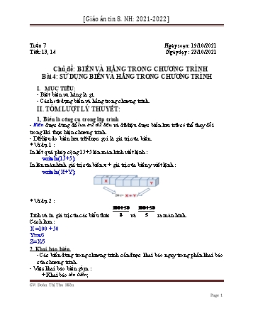 Giáo án môn Tin học Lớp 8 - Bài 4: Sử dụng biến và hằng trong chương trình (Tiết 13+14) - Năm học 2021-2022 - Đoàn Thị Thu Hiền