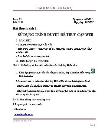 Giáo án môn Tin học Lớp 9 - Bài 1: Sử dụng trình duyệt để truy cập web (Tiết 9+10) - Năm học 2021-2022 - Đoàn Thị Thu Hiền