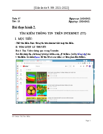 Giáo án môn Tin học Lớp 9 - Bài 2: Tìm kiếm thông tin trên Internet (Tiết 13+14) - Năm học 2021-2022 - Đoàn Thị Thu Hiền