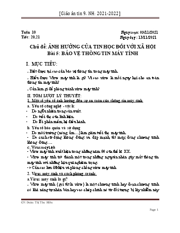 Giáo án môn Tin học Lớp 9 - Bài 5: Bảo vệ thông tin máy tính (Tiết 20+21) - Năm học 2021-2022 - Đoàn Thị Thu Hiền