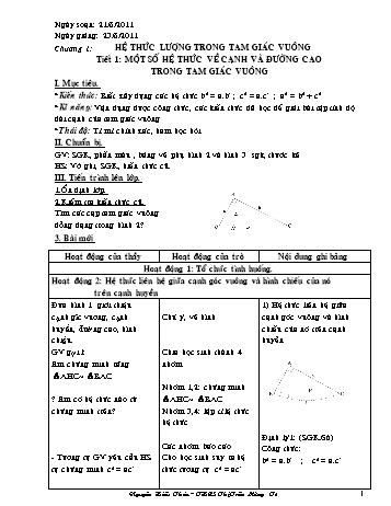 Giáo án Toán học Lớp 9: Chương 1: Hệ thức lượng trong tam giác vuông (50 tiết) - Nguyễn Hiếu Thảo