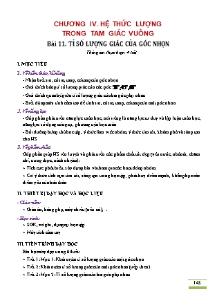 Kế hoạch bài dạy môn Toán học Lớp 9 - Chương 4: Hệ thức lượng trong tam giác vuông - Cung Thế Anh