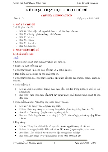 Kế hoạch dạy học môn Hóa học Lớp 9 - Chủ đề: Hidrocacbon - Năm học 2019-2020 - Nguyễn Thị Phương Thảo
