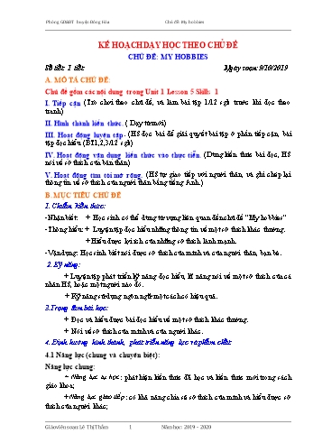 Kế hoạch dạy học môn Tiếng Anh - Chủ đề: My hobbies - Năm học 2019-2020 - Lê Thị Thắm