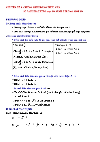 Luyện thi môn Toán vào Lớp 10 - Chuyên đề 4: Chứng minh đẳng thức căn. So sánh hai biểu thức rút gọn hoặc so sánh biểu thức rút gọn với một số