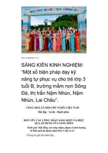 Sáng kiến kinh nghiệm: Một số biện pháp dạy kỹ năng tự phục vụ cho trẻ lớp 3 tuổi - Lò Thị Vi Nga