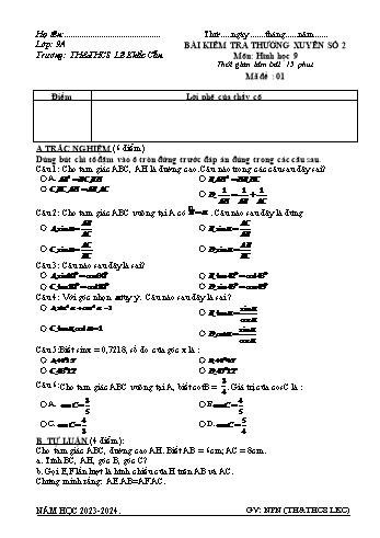 2 Bài kiểm tra thường xuyên số 2 môn Hình học Lớp 9 - Năm học 2023-2024 - Trường TH&THCS Lê Khắc Cẩn