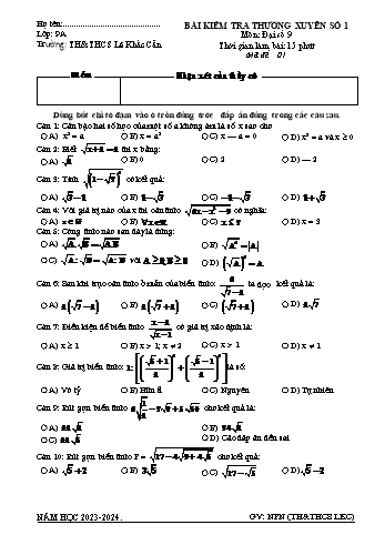 4 Bài kiểm tra thường xuyên số 1 môn Đại số Lớp 9 - Năm học 2023-2024 - Trường TH&THCS Lê Khắc Cẩn