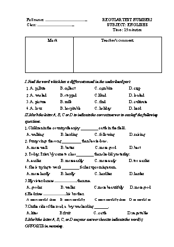 Bài kiểm tra thường xuyên môn Tiếng Anh Lớp 8 - Trường TH&THCS Lê Khắc Cẩn