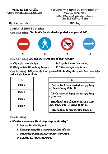 Đề kiểm tra cuối học kì I môn Công nghệ Lớp 3 - Năm học 2024-2025 - Trường Tiểu học Tân Viên (Có đáp án + Ma trận)
