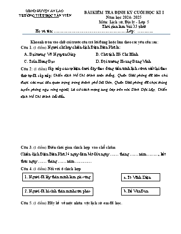 Đề kiểm tra cuối học kì I môn Lịch sử & Địa lí Lớp 5 - Năm học 2024-2025 - Trường Tiểu học Tân Viên (Có đáp án + Ma trận)