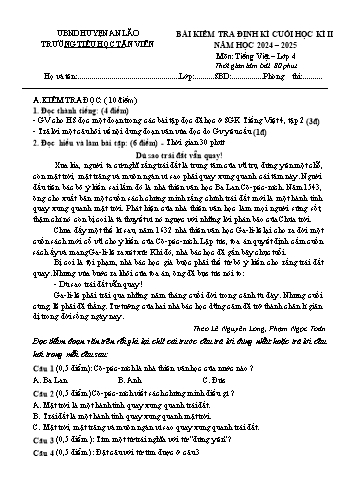 Đề kiểm tra định kì cuối học kì II môn Tiếng Việt Lớp 4 - Năm học 2024-2025 - Trường Tiểu học Tân Viên (Có đáp án)