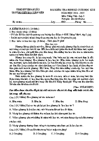 Đề kiểm tra định kì cuối học kì II môn Tiếng Việt Lớp 5 - Năm học 2024-2025 - Trường Tiểu học Tân Viên (Có đáp án)
