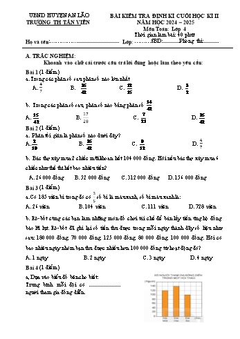 Đề kiểm tra định kì cuối học kì II môn Toán Lớp 4 - Năm học 2024-2025 - Trường Tiểu học Tân Viên (Có đáp án)