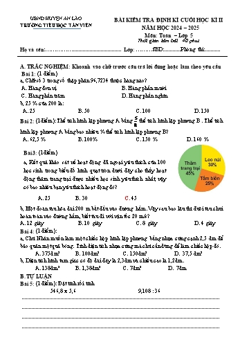 Đề kiểm tra định kì cuối học kì II môn Toán Lớp 5 - Năm học 2024-2025 - Trường Tiểu học Tân Viên (Có đáp án)