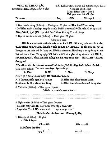 Đề kiểm tra định kỳ cuối học kì II môn Tiếng Việt + Toán Lớp 1 - Năm học 2024-2025 - Trường Tiểu học Tân Viên (Có đáp án)