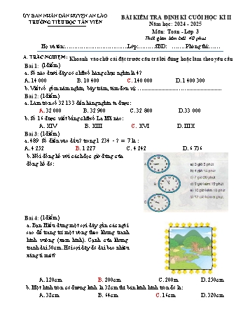 Đề kiểm tra định kỳ cuối học kì II môn Toán + Tiếng Việt Lớp 3 - Năm học 2024-2025 - Trường Tiểu học Tân Viên (Có đáp án)