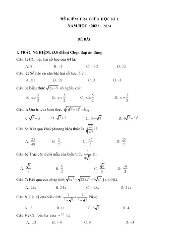 Đề kiểm tra giữa học kì 1 môn Toán Lớp 9 - Năm học 2023-2024 - Trường TH&THCS Lê Khắc Cẩn