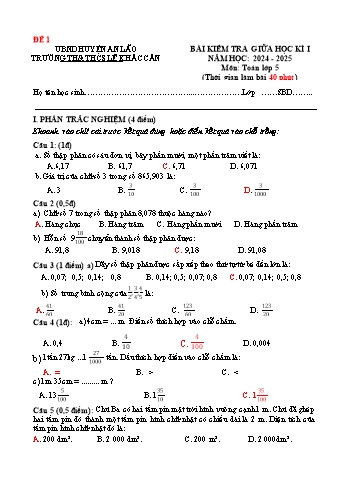 Đề kiểm tra học kì 1 môn Toán Lớp 5 - Năm học 2024-2025 - Trường TH&THCS Lê Khắc Cẩn