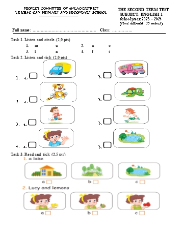 Đề kiểm tra học kì 2 môn Tiếng Anh Lớp 1 - Năm học 2023-2024 - Trường TH&THCS Lê Khắc Cẩn