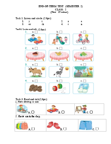 Đề kiểm tra học kì 2 môn Tiếng Anh Lớp 2 - Trường TH&THCS Lê Khắc Cẩn