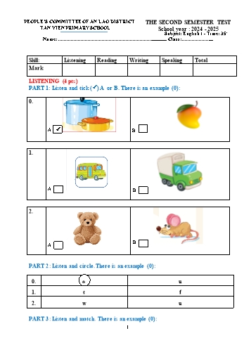 Đề kiểm tra học kì II môn Tiếng Anh Lớp 1 - Năm học 2024-2025 - Trường Tiểu học Tân Viên