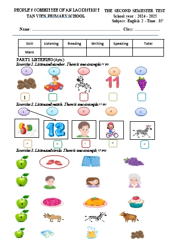Đề kiểm tra học kì II môn Tiếng Anh Lớp 2 - Năm học 2024-2025 - Trường Tiểu học Tân Viên